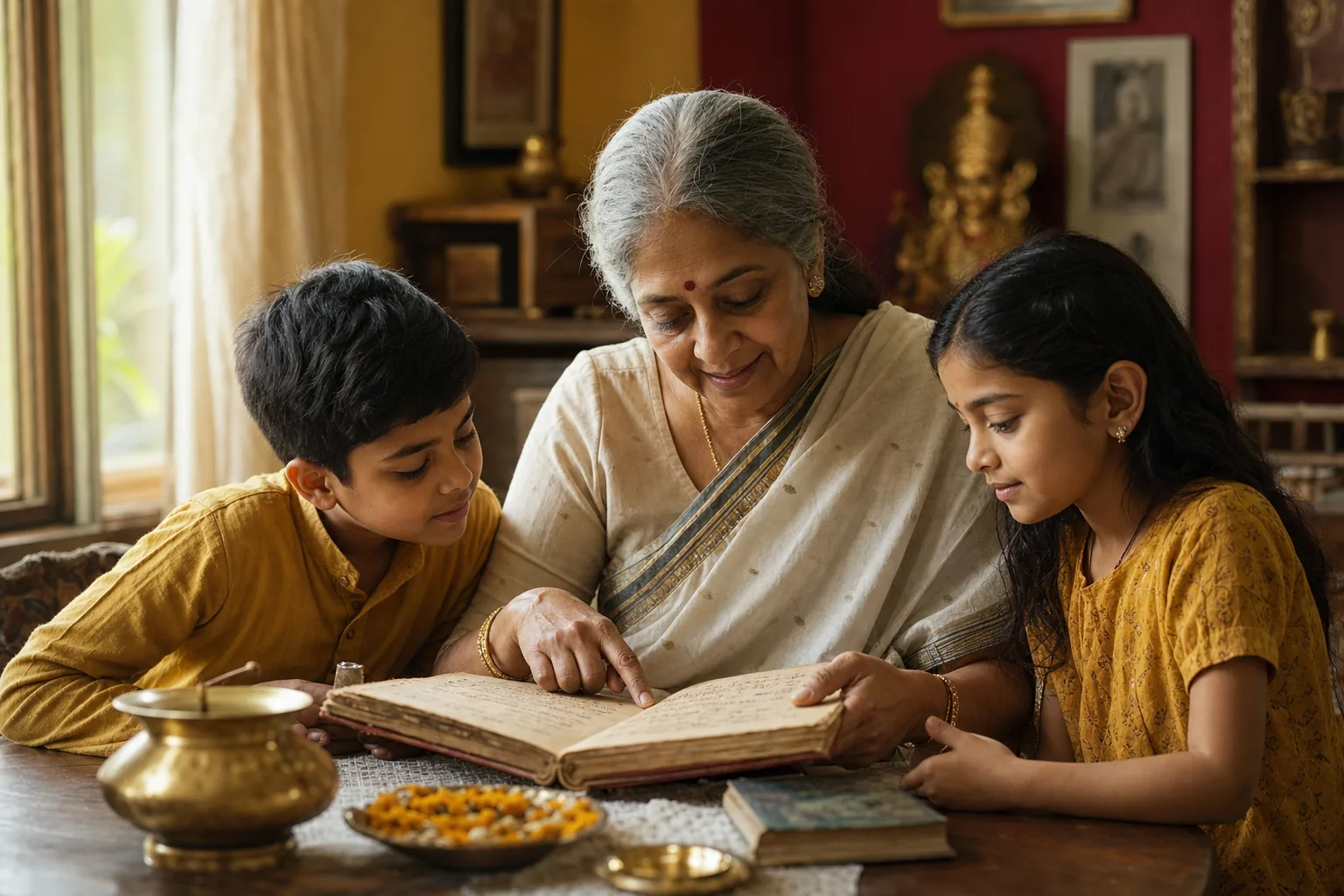 Indian grandmother teaching grandchildren from a family journal in a warm home