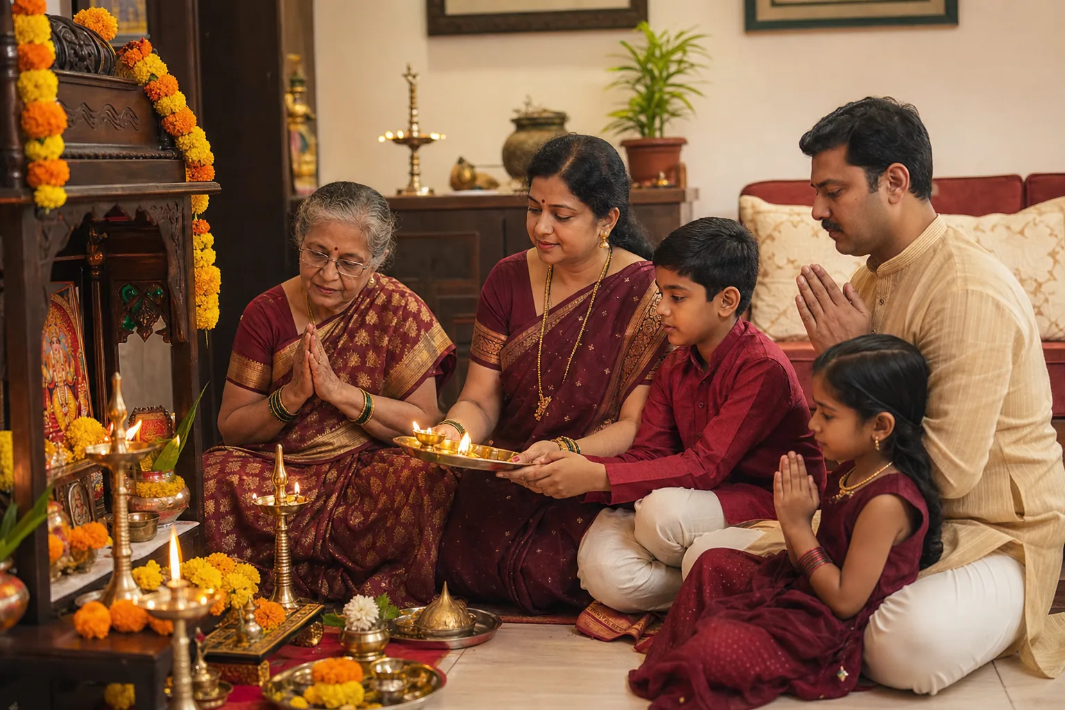 Indian family performing a home puja together in a warm living room